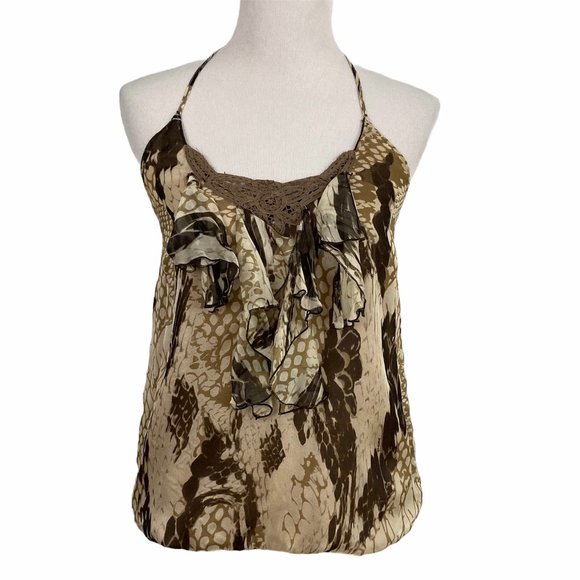 Hale Bob Silk Snake Print Blouson Halter Top Size S Lace Trim Lined Tan Brown - Picture 1 of 7